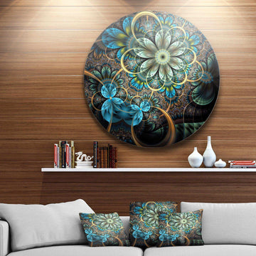 Lighted Blue Fractal Blue Flowers - Floral Round Metal Wall Art